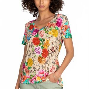 Johnny Was Lace Garden Favorite V-Neck Tee Shirt Top Blouse Women's Size XXS